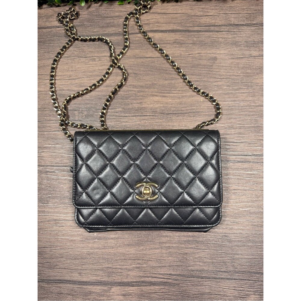CHANEL Black Quilted Leather Crossbody with Gold Chain